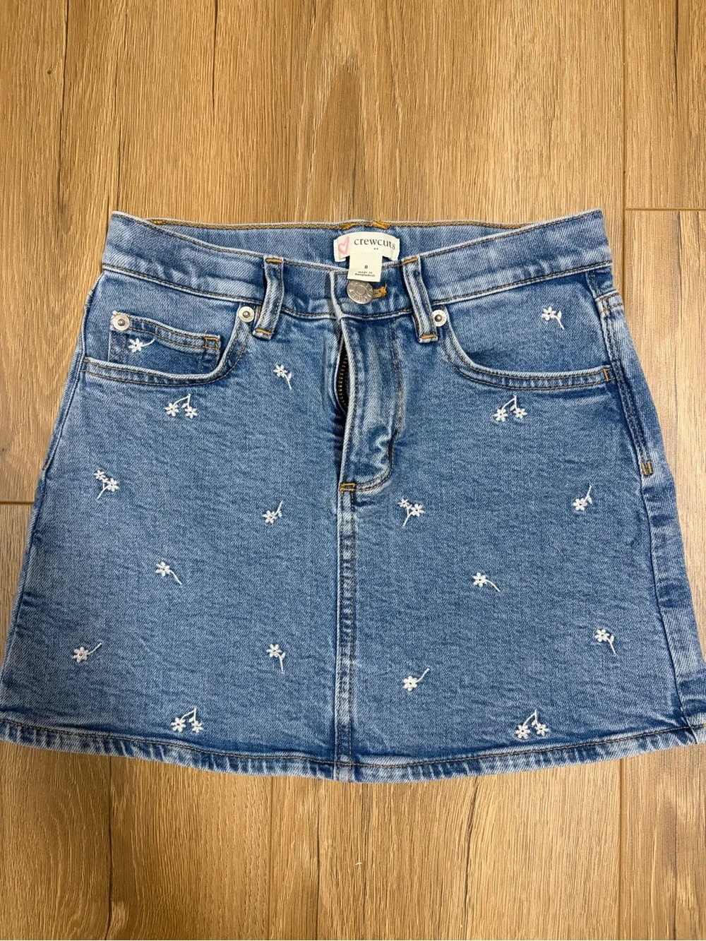 J. Crew Factory Blue Denim Mini Skirt with White Floral Embroidery